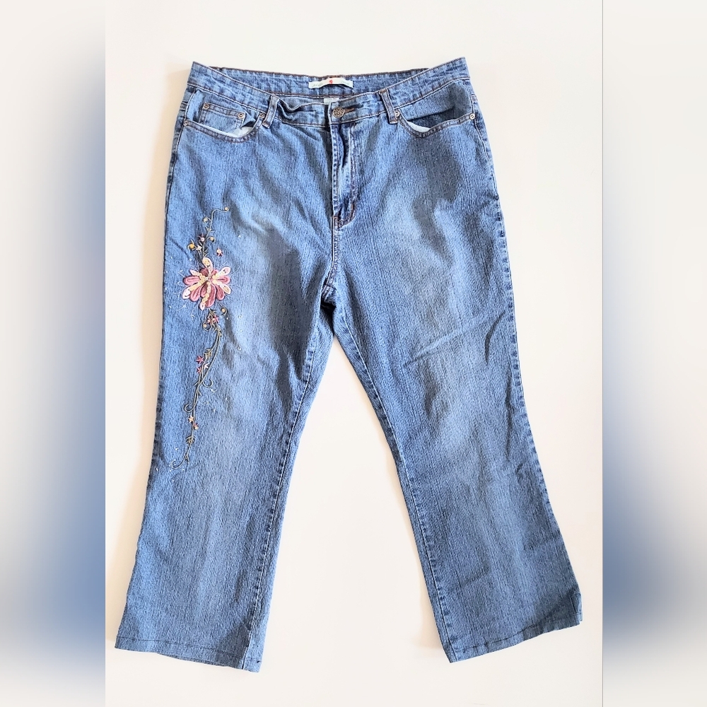 Adolfo High Rise Embroidered Floral Boot Cut Jeans Blue Size 10